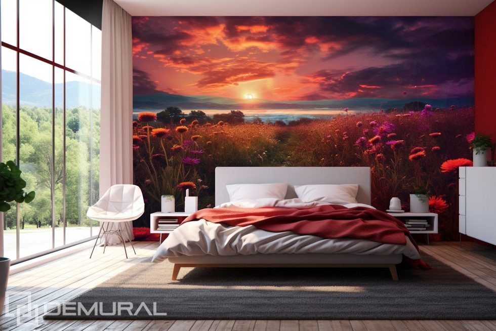 Sunset over meadows Bedroom wallpaper mural Photo wallpapers Demural